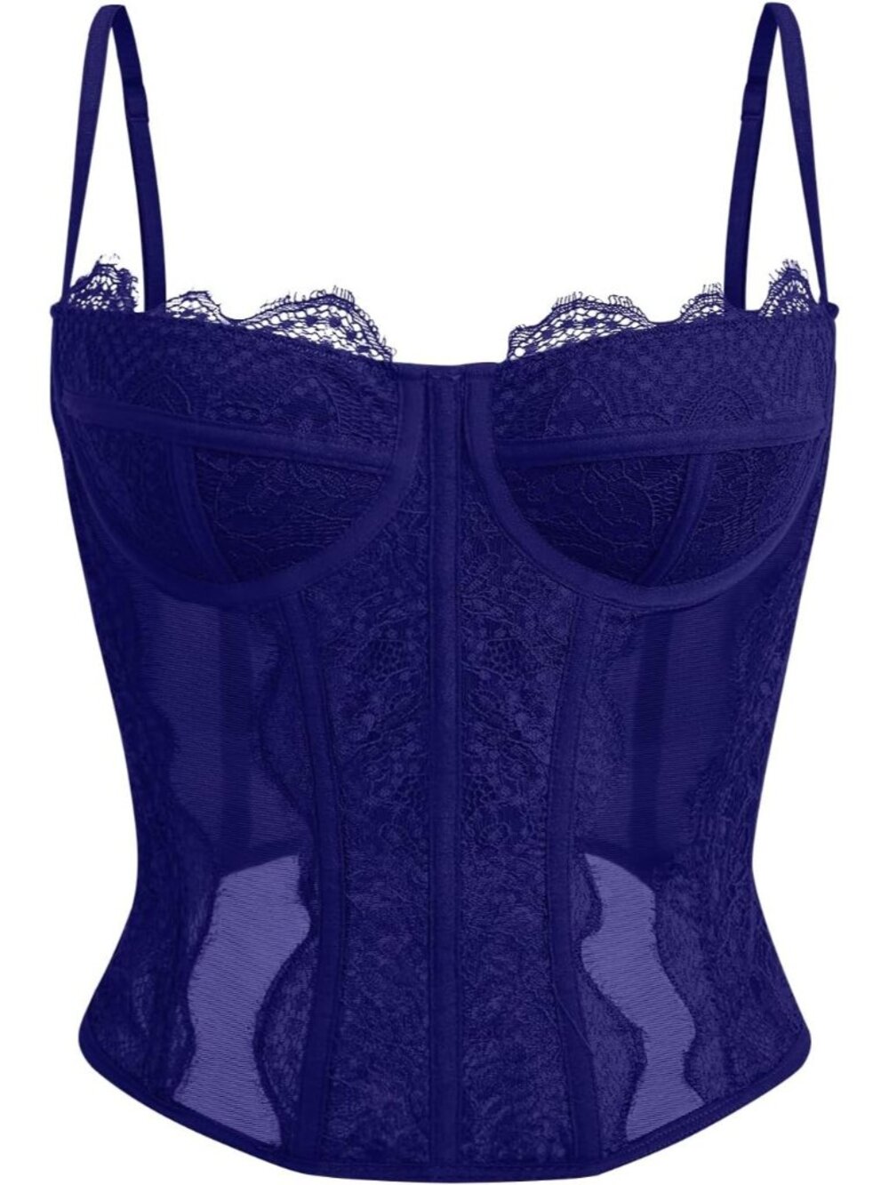 Womens Tibetan Blue Boned Lace Mesh Underwire Bustier Spaghetti Strap Corset Top